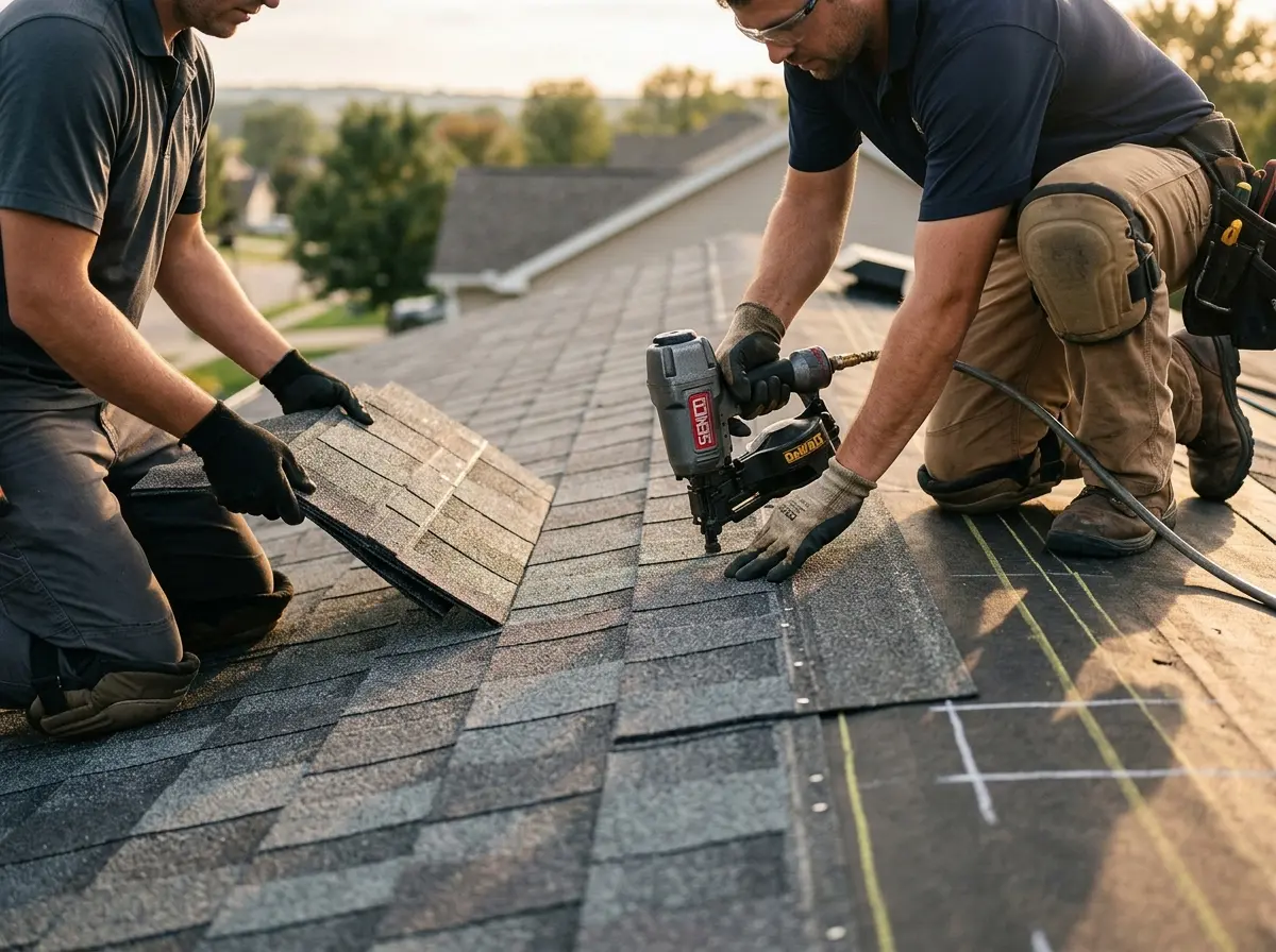 Professional roofer working on a residential roof in Cherryville